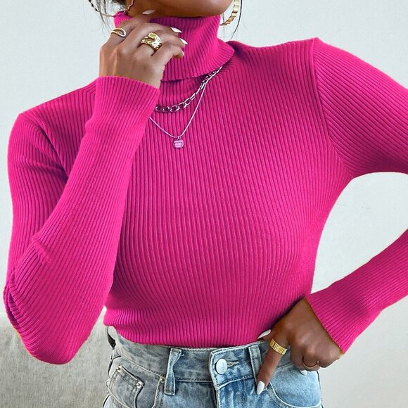 Hot Pink Casual Women's Turtleneck Ribbed Knit Long Sleeve Pullover Sweater - Picture 4 of 5